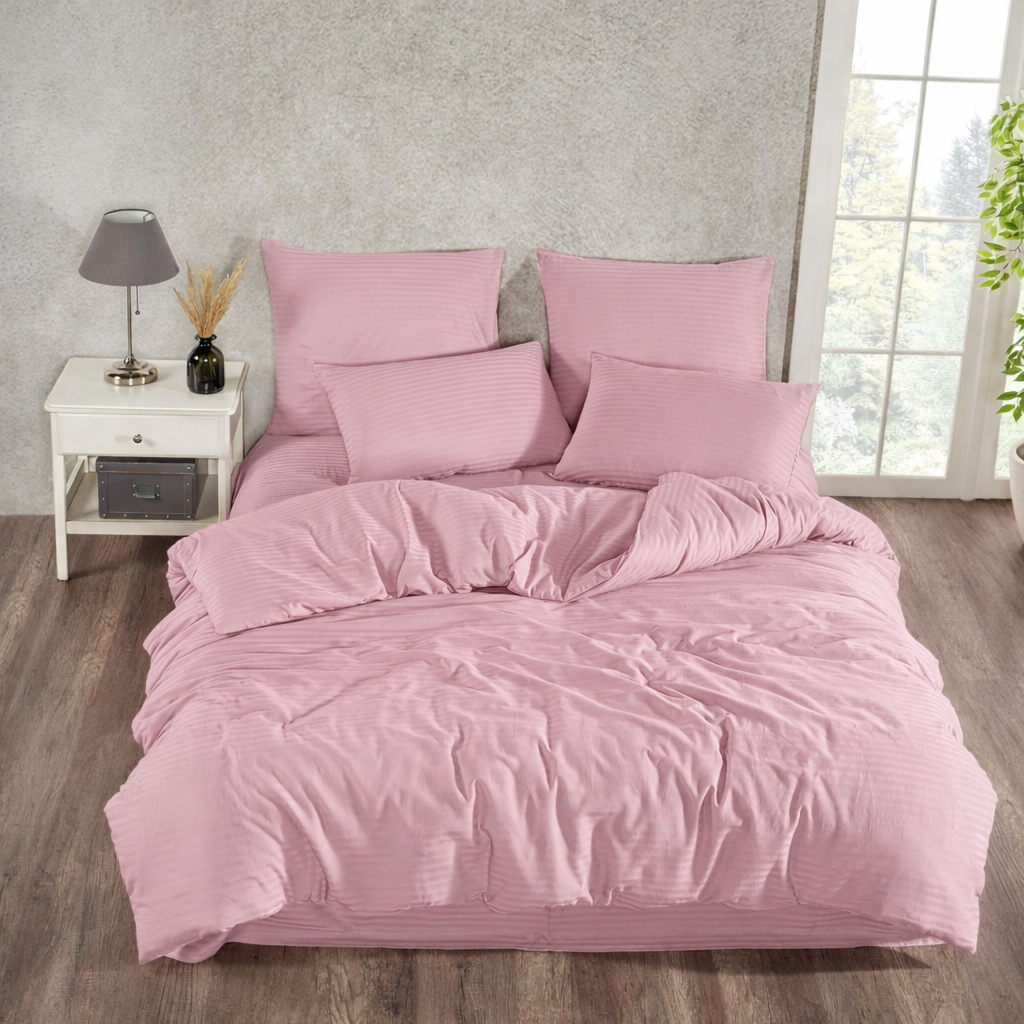 Çift Kişilik Begenal Çizgili Pamuk Saten Nevresim Takımı Pembe