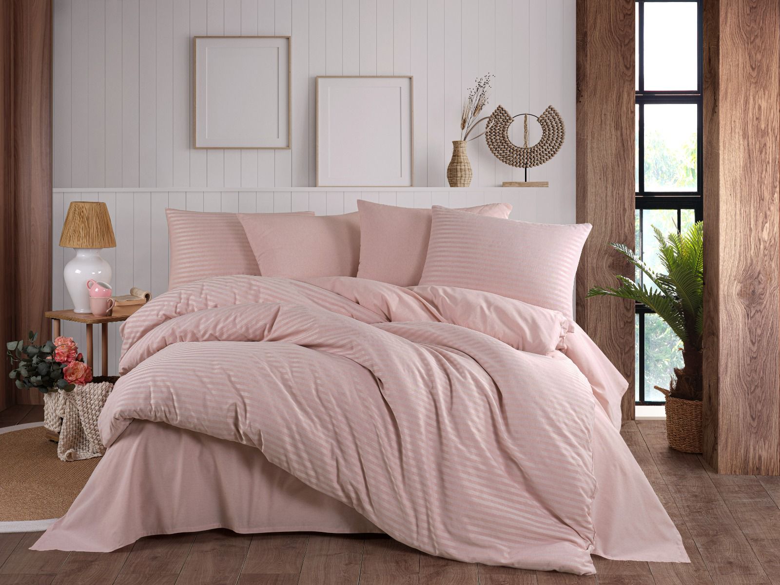 Çift Kişilik Begenal Natural Stripe Nevresim Takımı Pudra