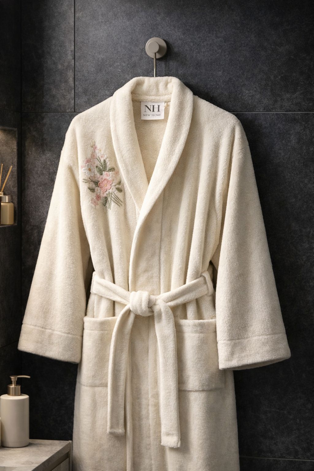 Tekli Standart Beden New Home Nakışlı Bornoz Krem