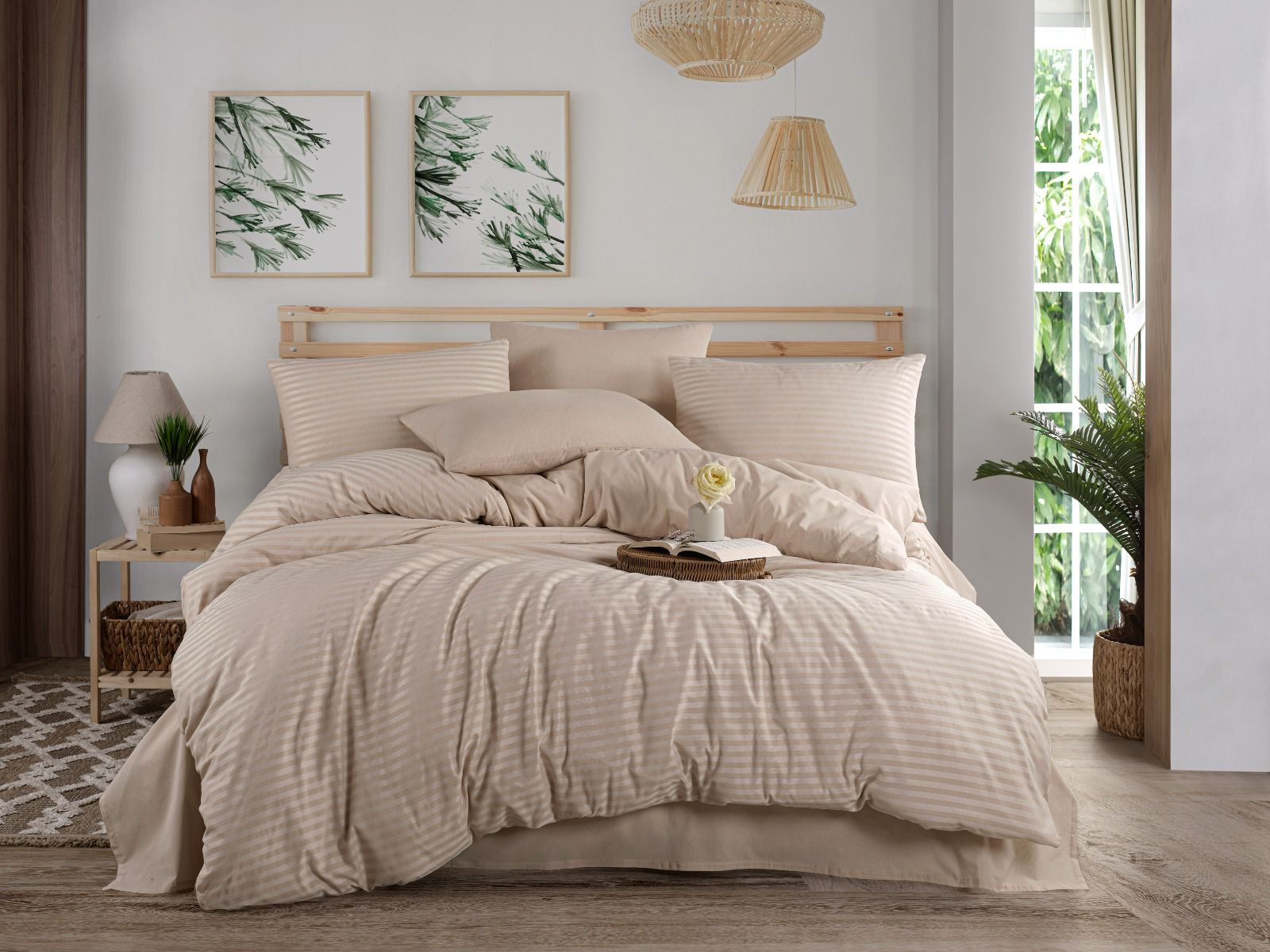 Çift Kişilik Begenal Natural Stripe Nevresim Takımı Bej