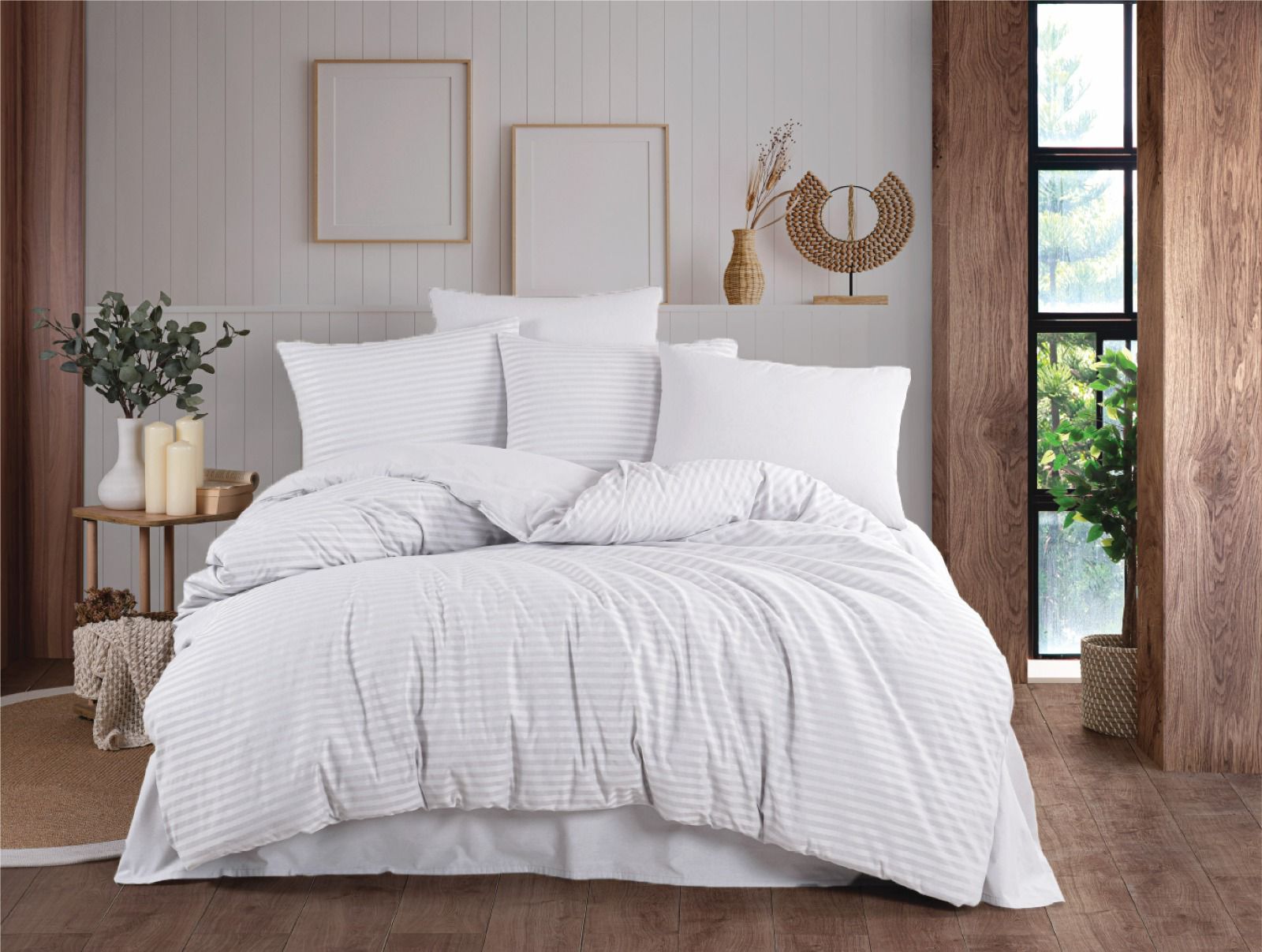 Çift Kişilik Begenal Natural Stripe Nevresim Takımı Beyaz