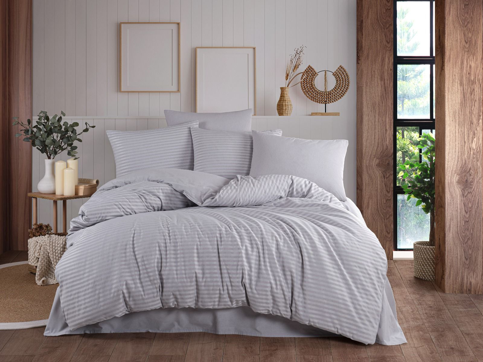 Çift Kişilik Begenal Natural Stripe Nevresim Takımı Gri