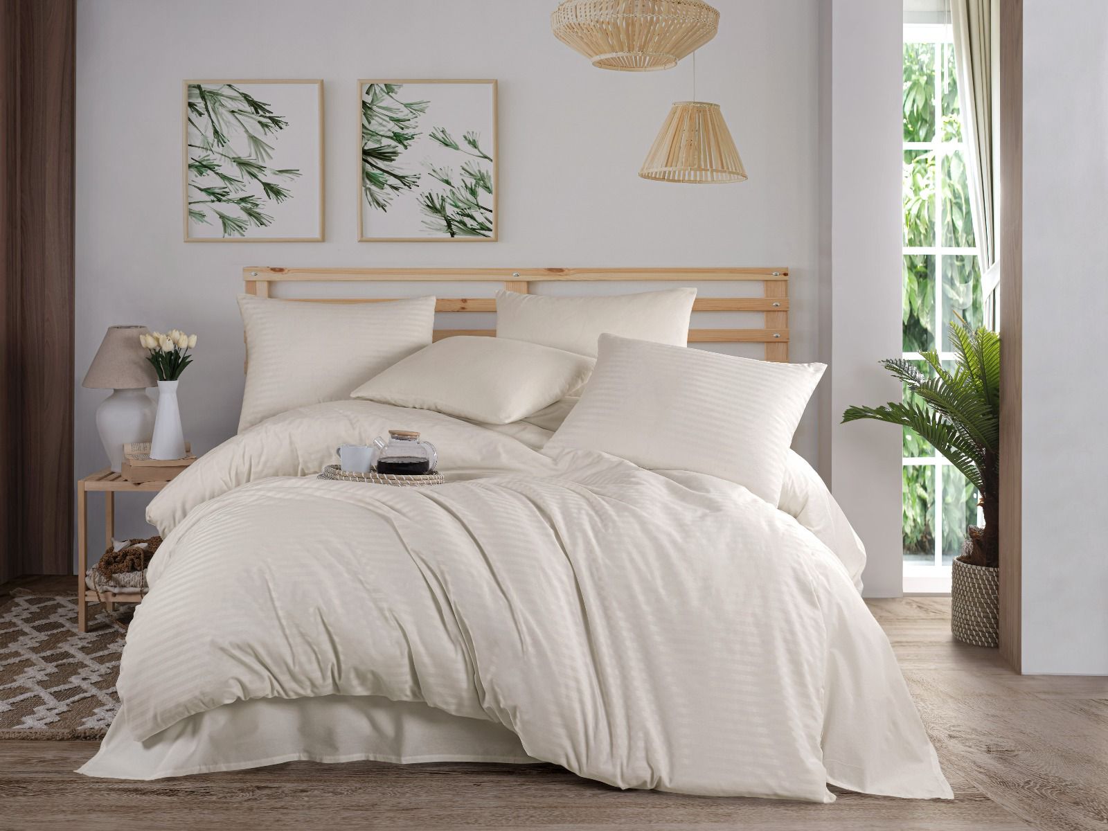 Çift Kişilik Begenal Natural Stripe Nevresim Takımı Krem