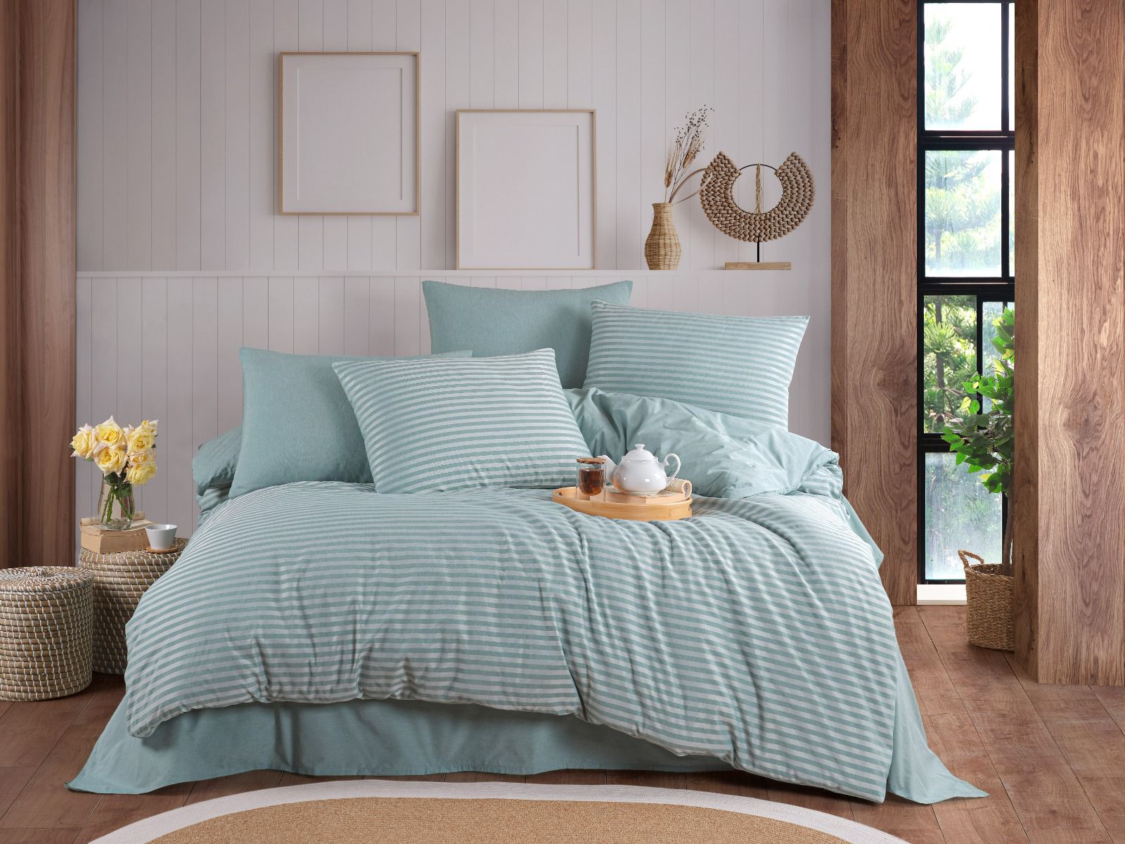 Çift Kişilik Begenal Natural Stripe Nevresim Takımı Su Yeşili