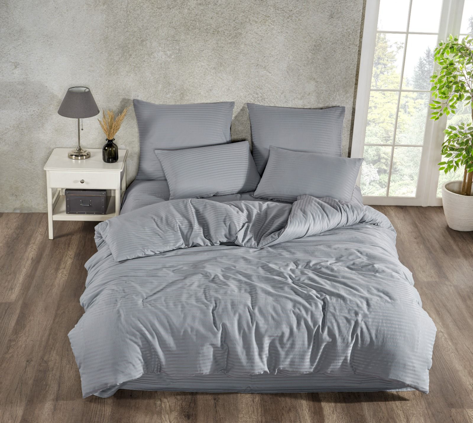 Çift Kişilik Begenal Çizgili Pamuk Saten Nevresim Takımı Antrasit