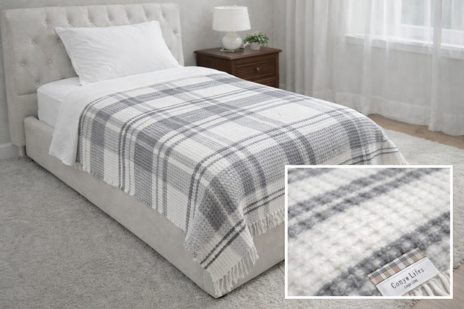 Tek Kişilik Merinos Cozy Life Waffle Püsküllü Battaniye Mila