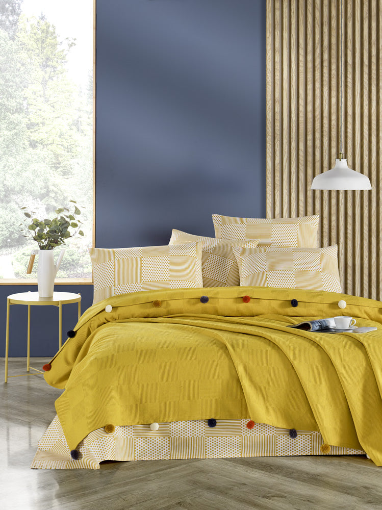 Çift Kişilik Madam Marica Ponponlu Pike Takımı Hardal