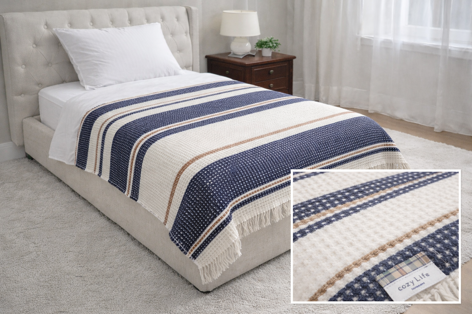 Tek Kişilik Merinos Cozy Life Waffle Püsküllü Battaniye Mona