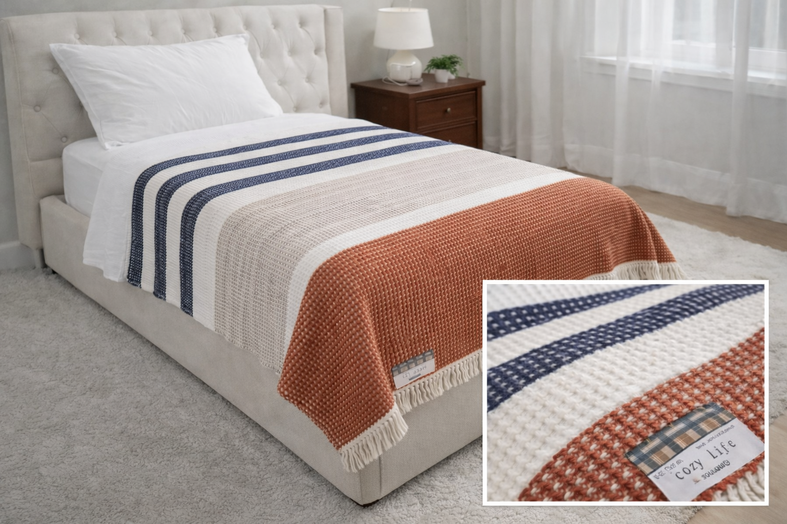 Tek Kişilik Merinos Cozy Life Waffle Püsküllü Battaniye Selay