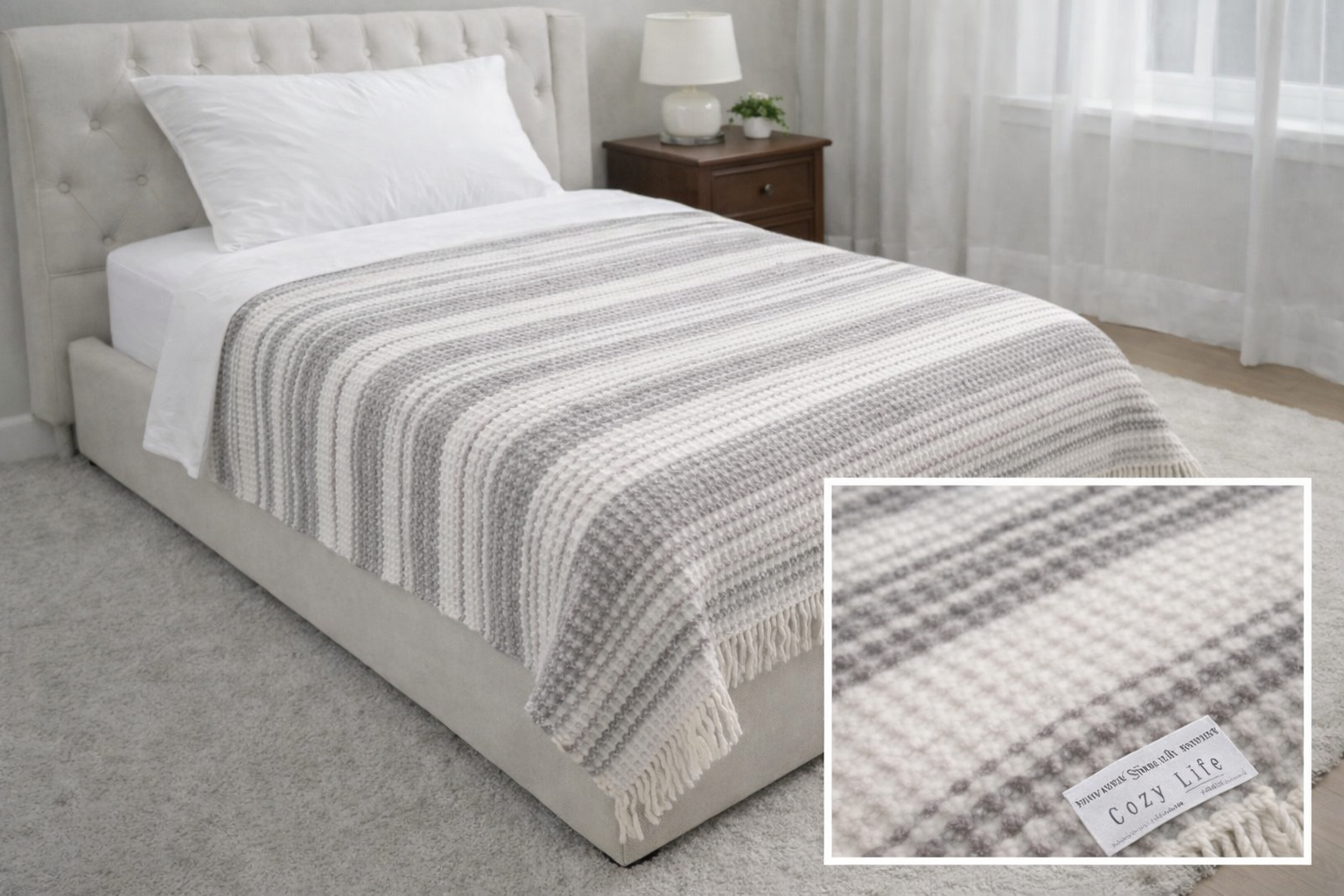 Tek Kişilik Merinos Cozy Life Waffle Püsküllü Battaniye Zeta