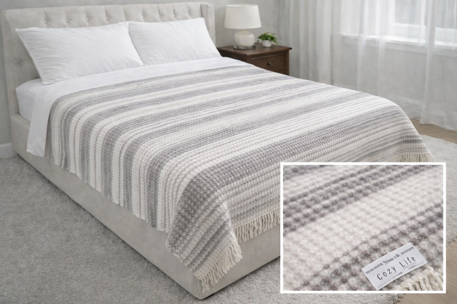 Çift Kişilik Merinos Cozy Life Waffle Püsküllü Battaniye Zeta