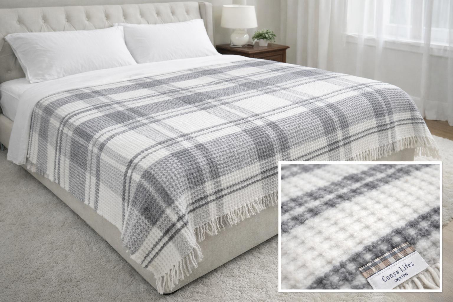 Çift Kişilik Merinos Cozy Life Waffle Püsküllü Battaniye Mila