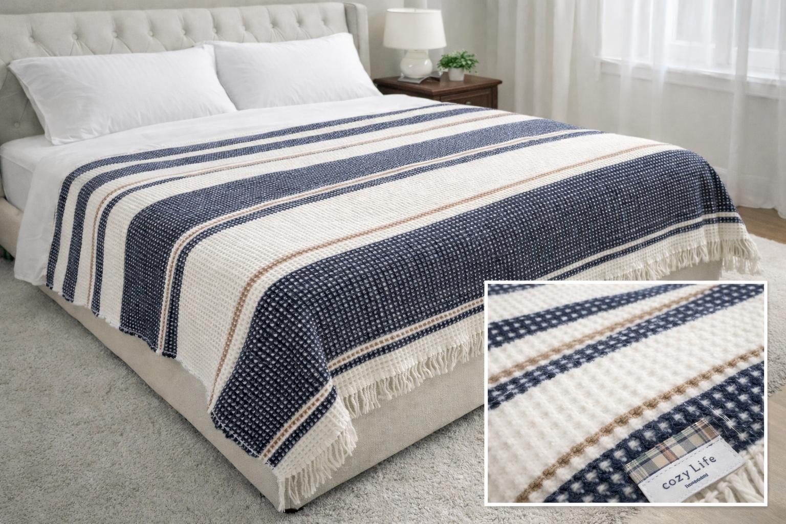 Çift Kişilik Merinos Cozy Life Waffle Püsküllü Battaniye Mona