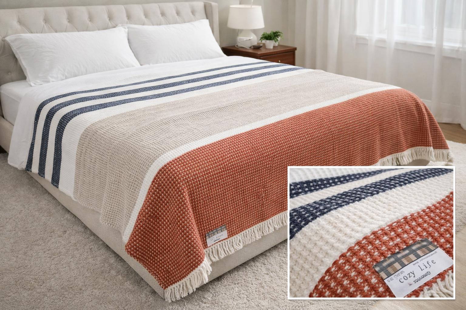 Çift Kişilik Merinos Cozy Life Waffle Püsküllü Battaniye Selay