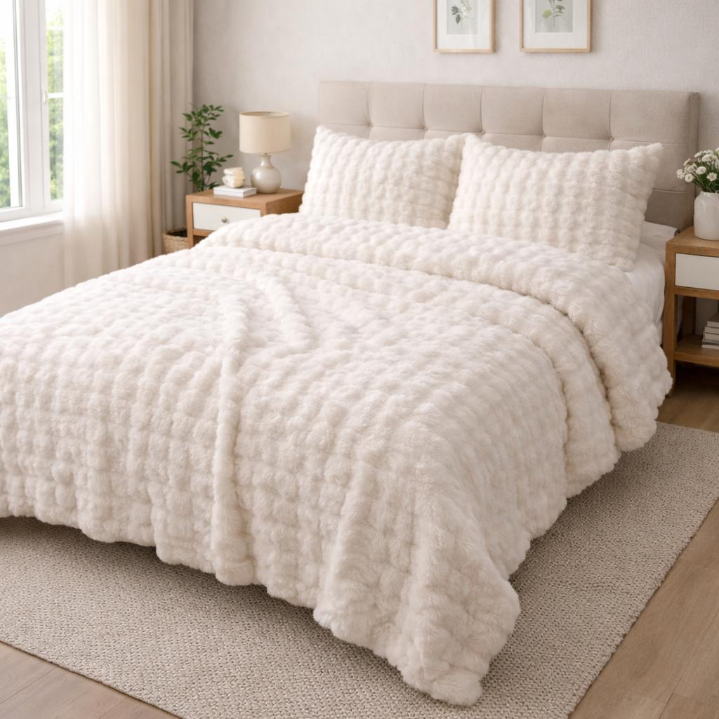 Çift Kişilik Merinos Diamond Kürk Yorgan Seti Beyaz