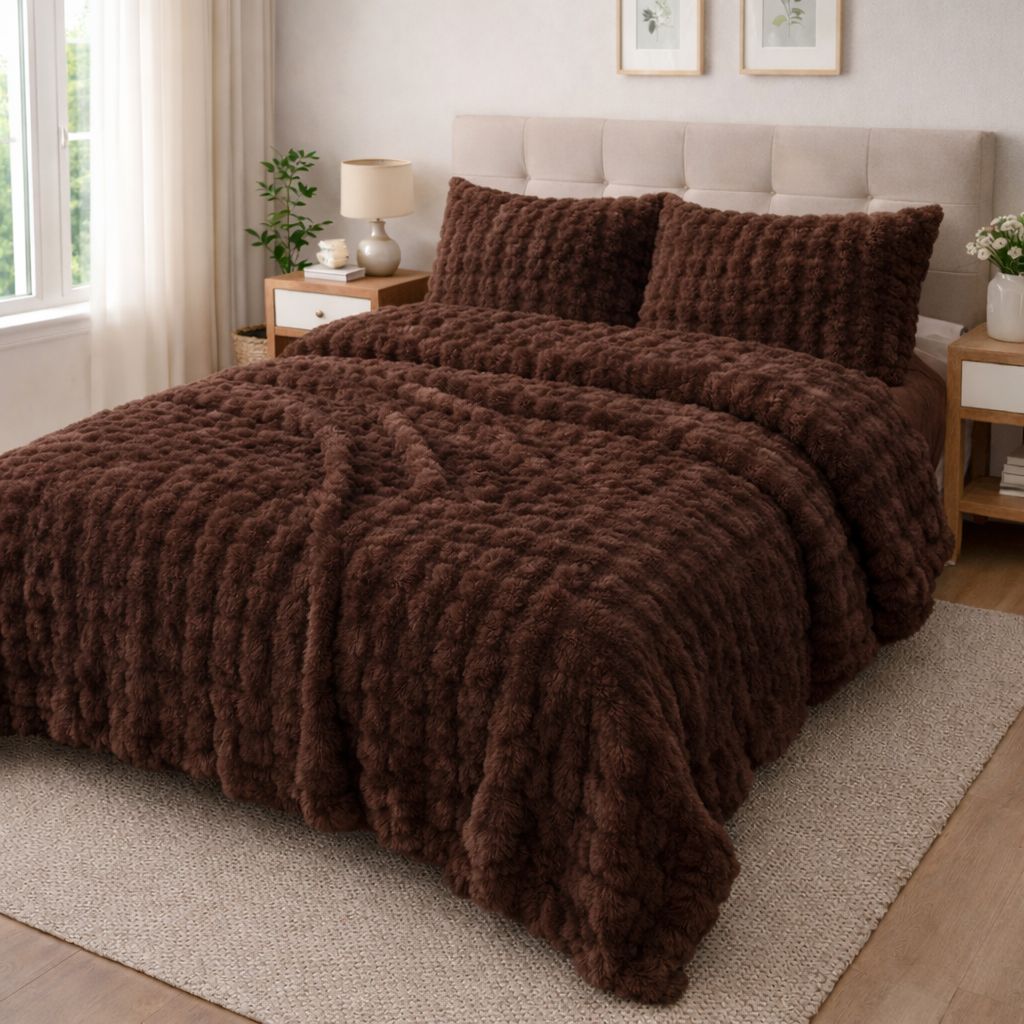 Çift Kişilik Merinos Diamond Kürk Yorgan Seti Kahverengi