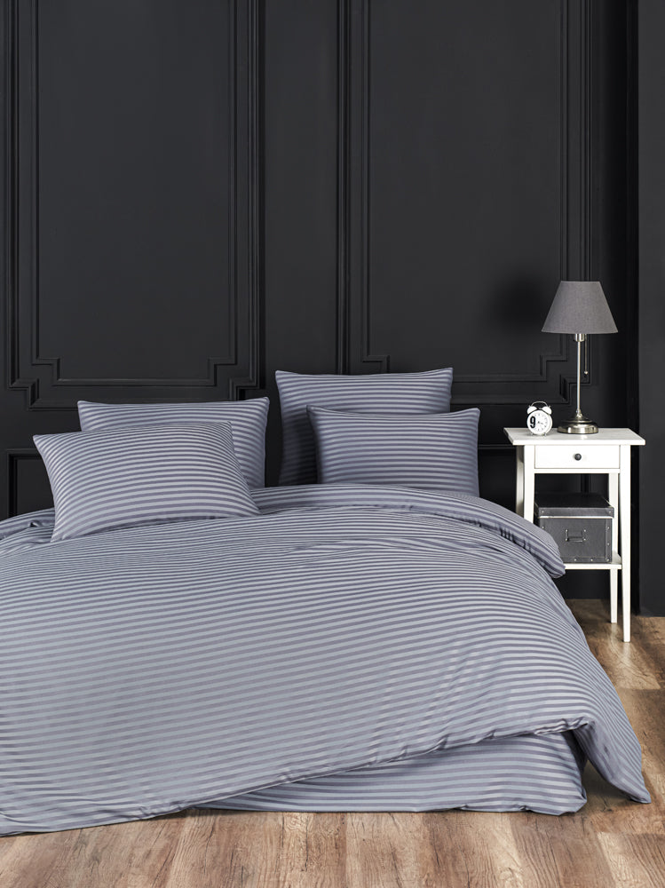 Çift Kişilik New Home Çizgili Pamuk Saten Nevresim Takımı Antrasit