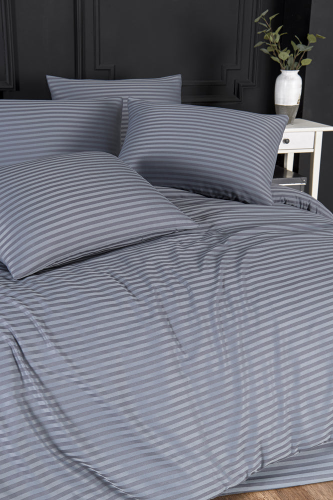 Çift Kişilik New Home Çizgili Pamuk Saten Nevresim Takımı Antrasit
