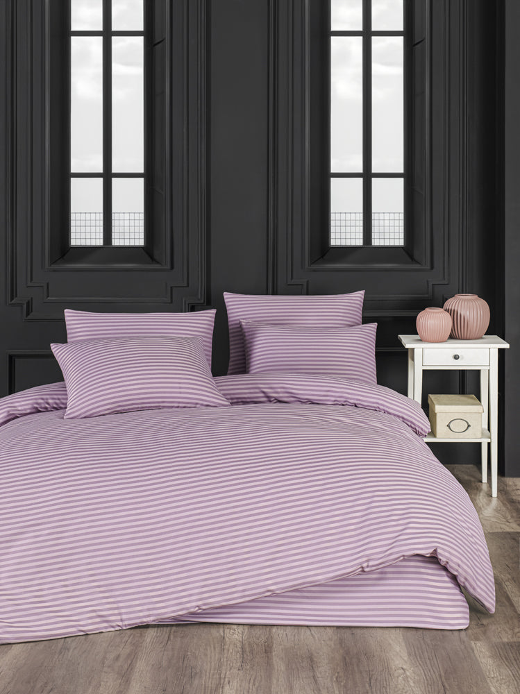 Çift Kişilik New Home Çizgili Pamuk Saten Nevresim Takımı Gül Kurusu