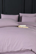 Çift Kişilik New Home Çizgili Pamuk Saten Nevresim Takımı Gül Kurusu