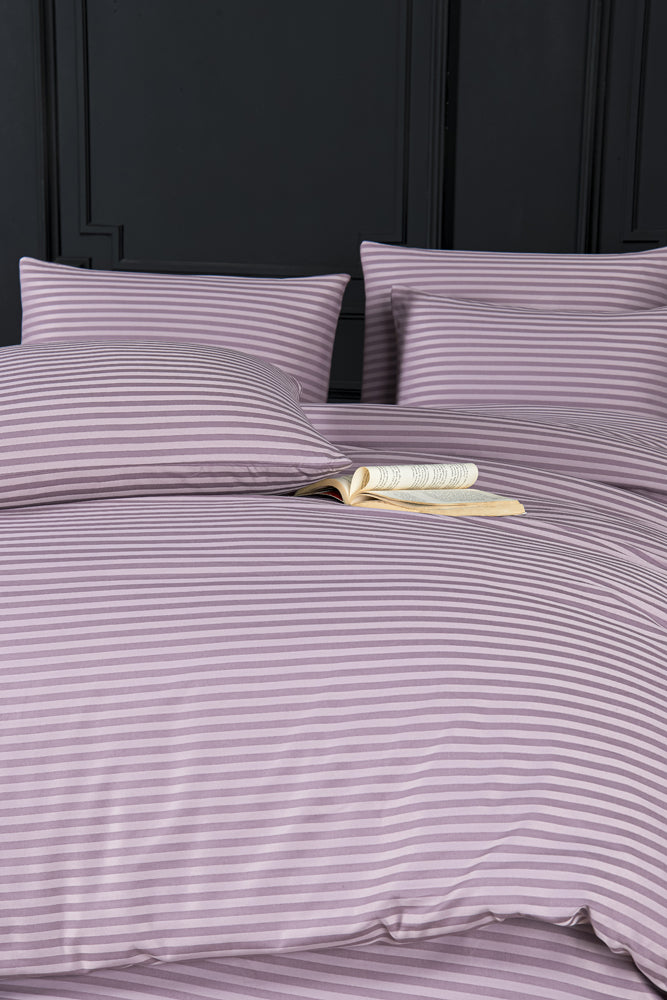 Çift Kişilik New Home Çizgili Pamuk Saten Nevresim Takımı Gül Kurusu