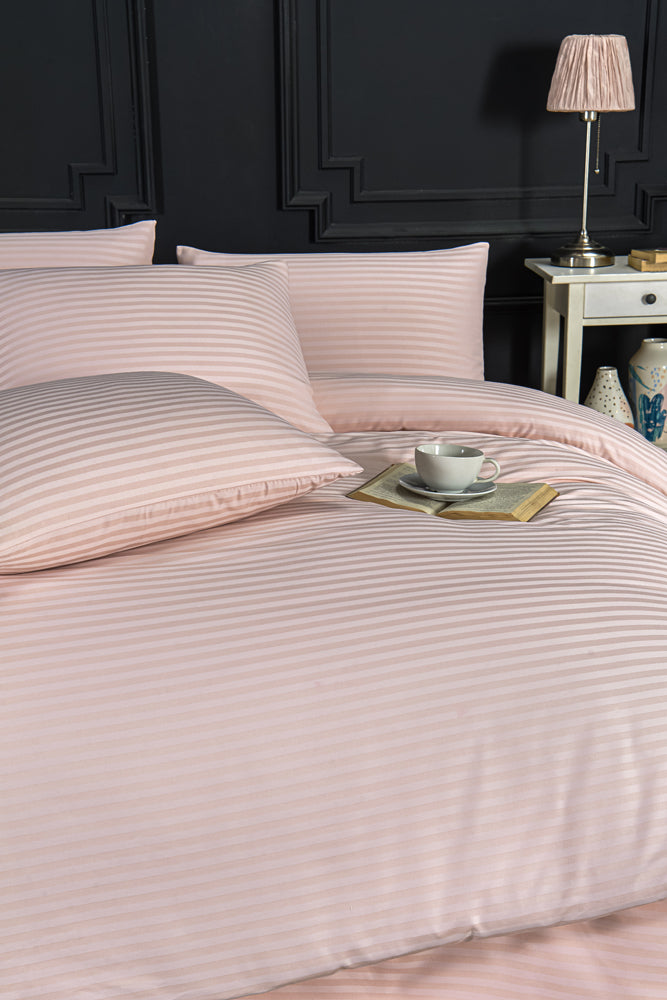 Çift Kişilik New Home Çizgili Pamuk Saten Nevresim Takımı Pudra