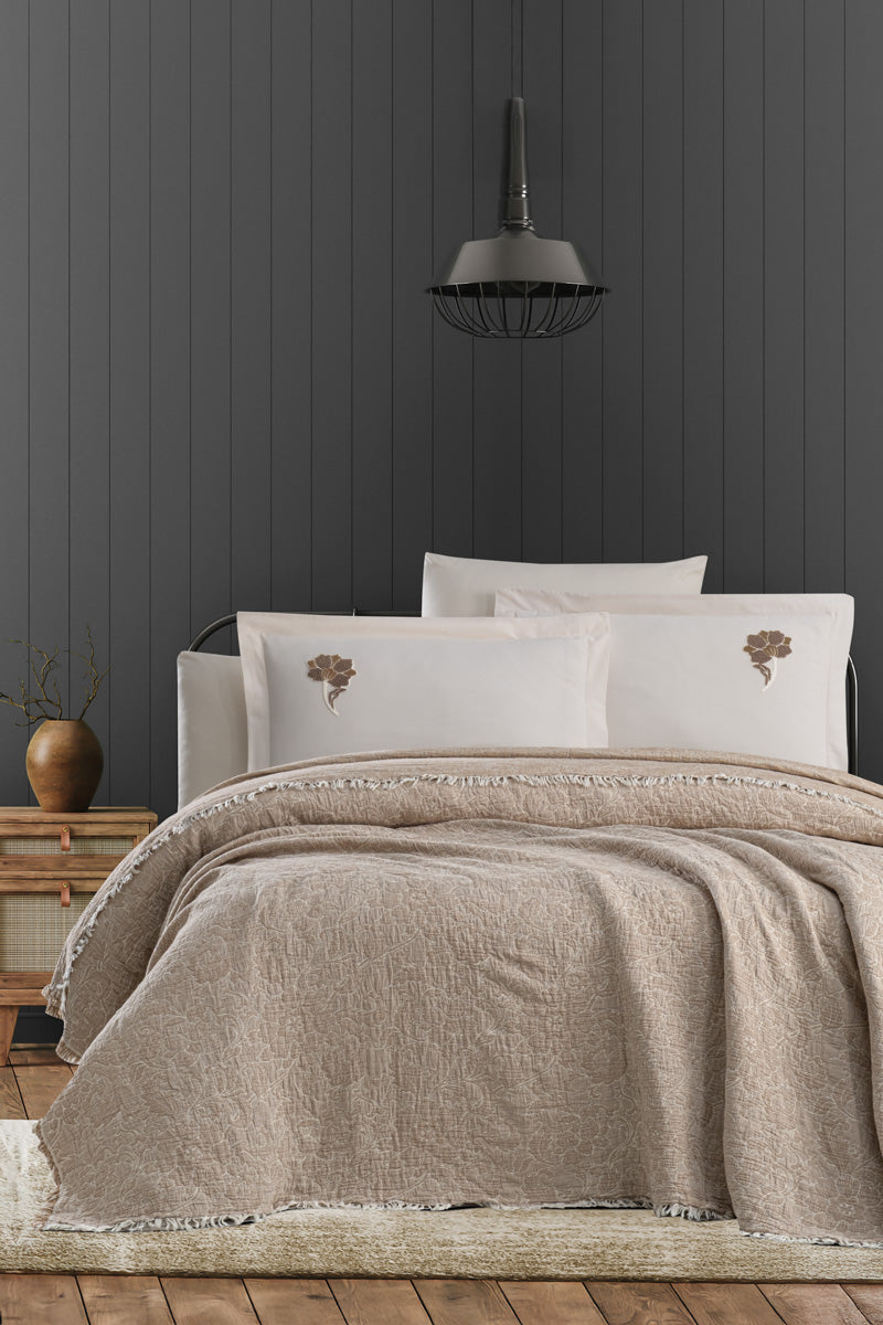 Çift Kişilik Valeria Home Premium Çicek Yatak Örtüsü Takımı Vizon