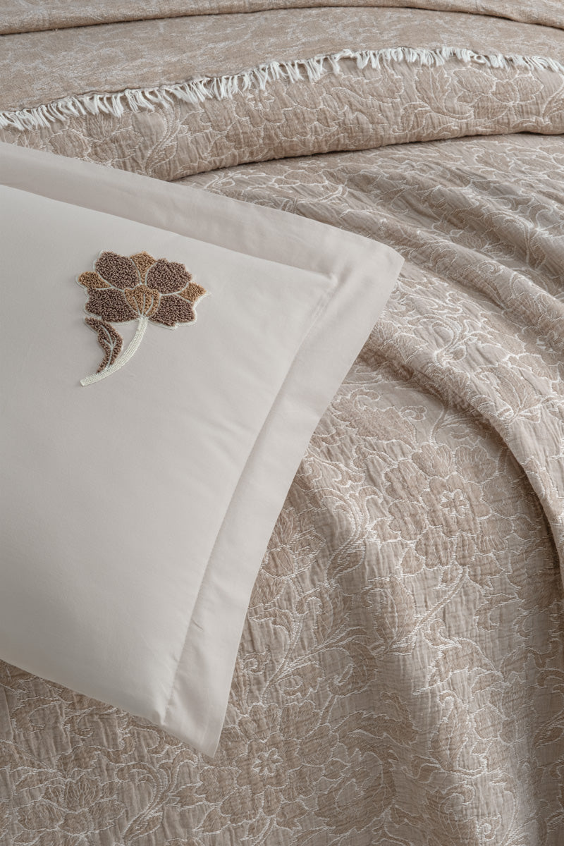 Çift Kişilik Valeria Home Premium Çicek Yatak Örtüsü Takımı Vizon