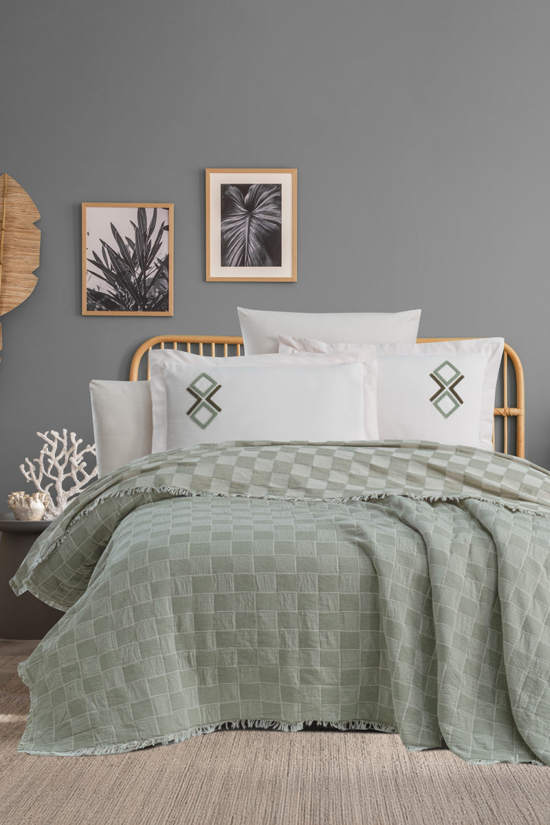 Çift Kişilik Valeria Home Premium Diamond Yatak Örtüsü Takımı Yeşil